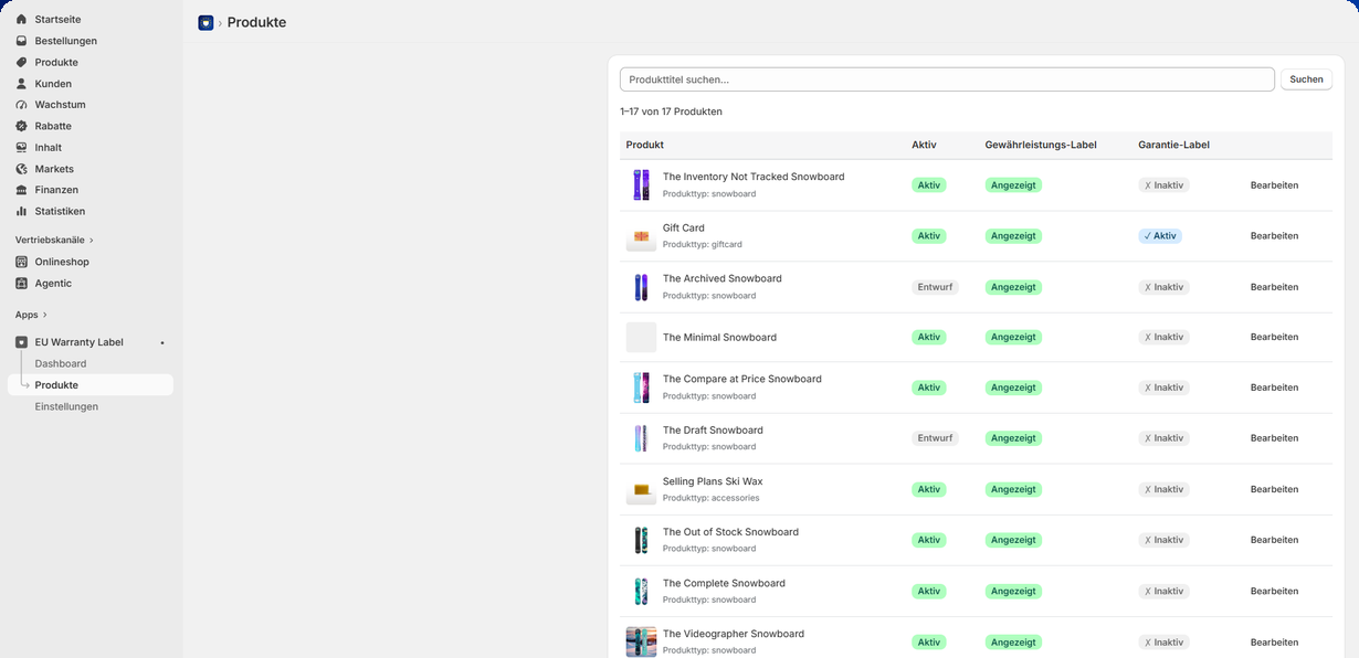 Warranto dashboard with the product list and label status per product