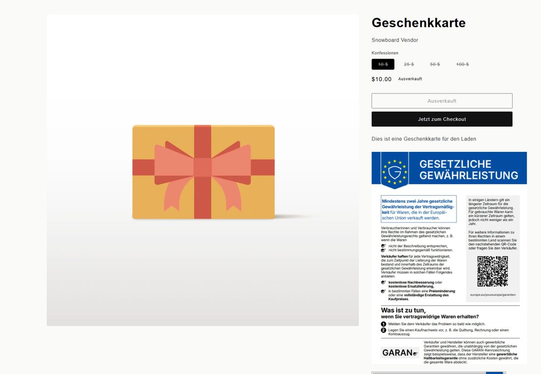 Shopify product page showing the EU legal guarantee notice and the GARAN label